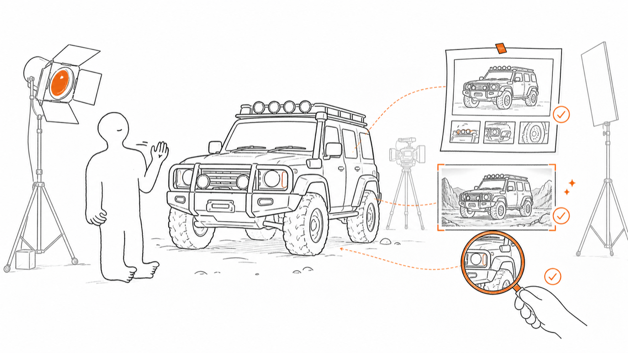 乌东面 Hello 插画:Jeep《Tire Story》:用生成式镜头缩短制作周期,但把产品准确性审核留在人手里